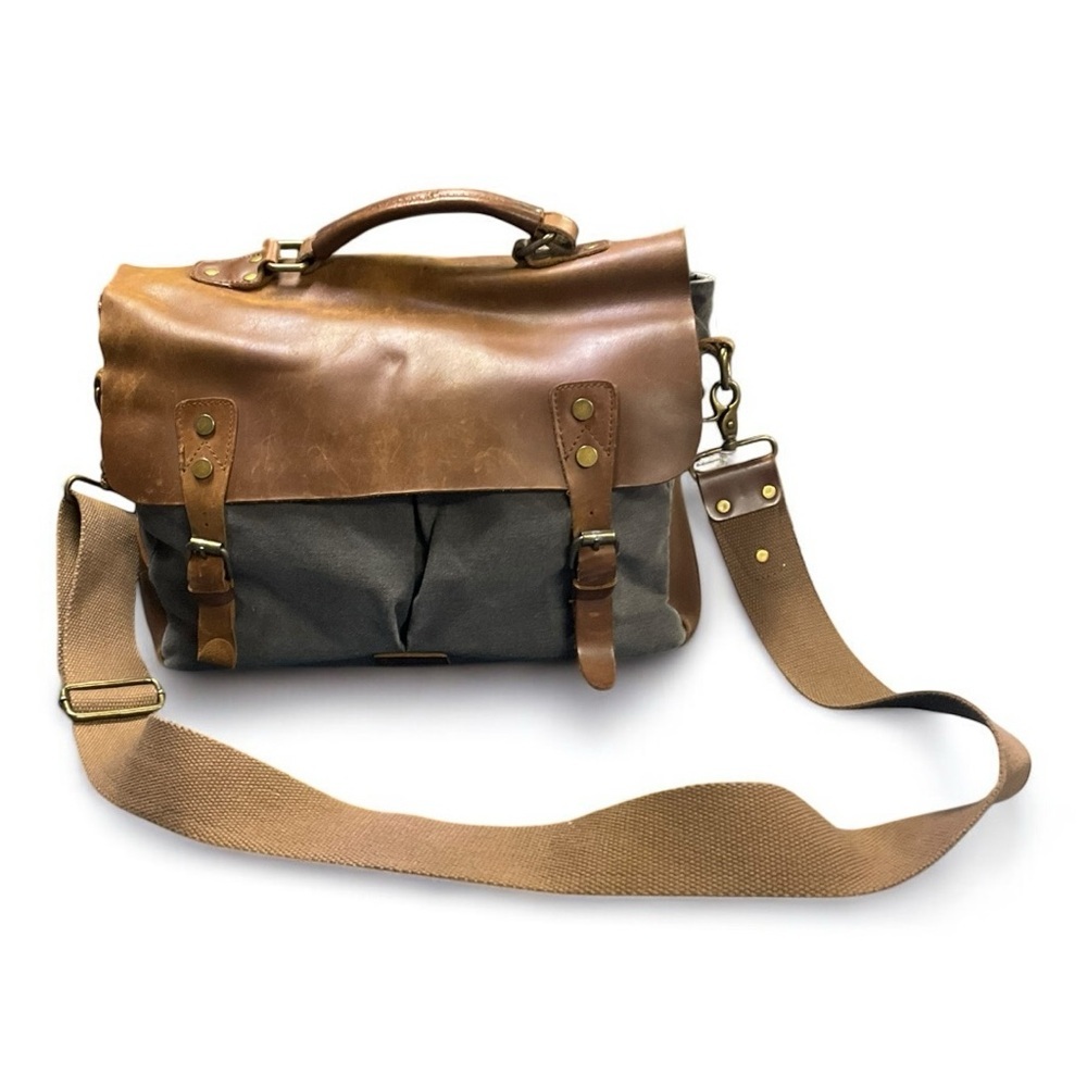 Mens Waxed Canvas Leather Messenger Bag Gray Brown Briefcase Satchel Crossbody - Picture 2 of 9